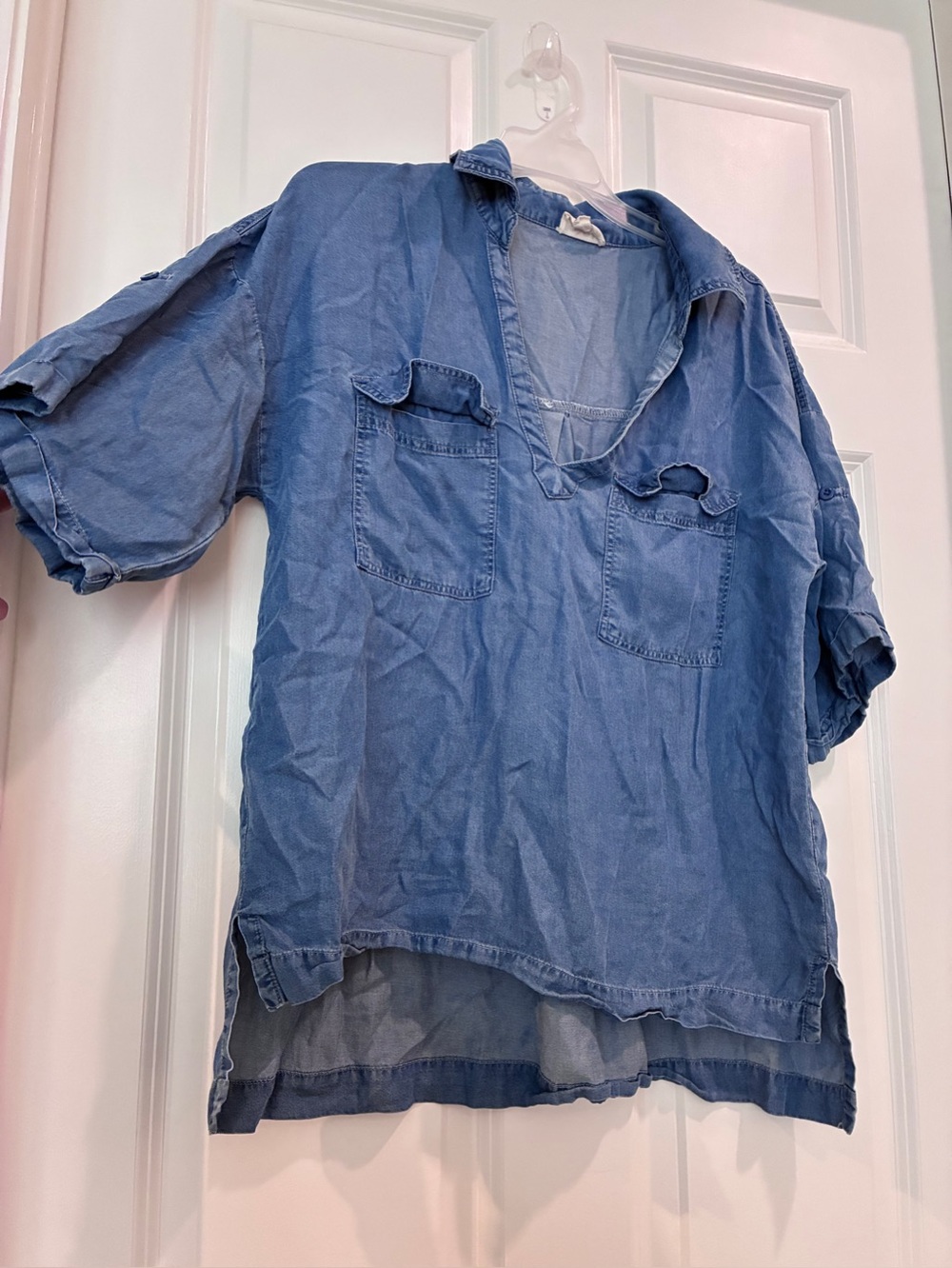 BiBi Washed Denim Blue V-Neck Utility Blouse
